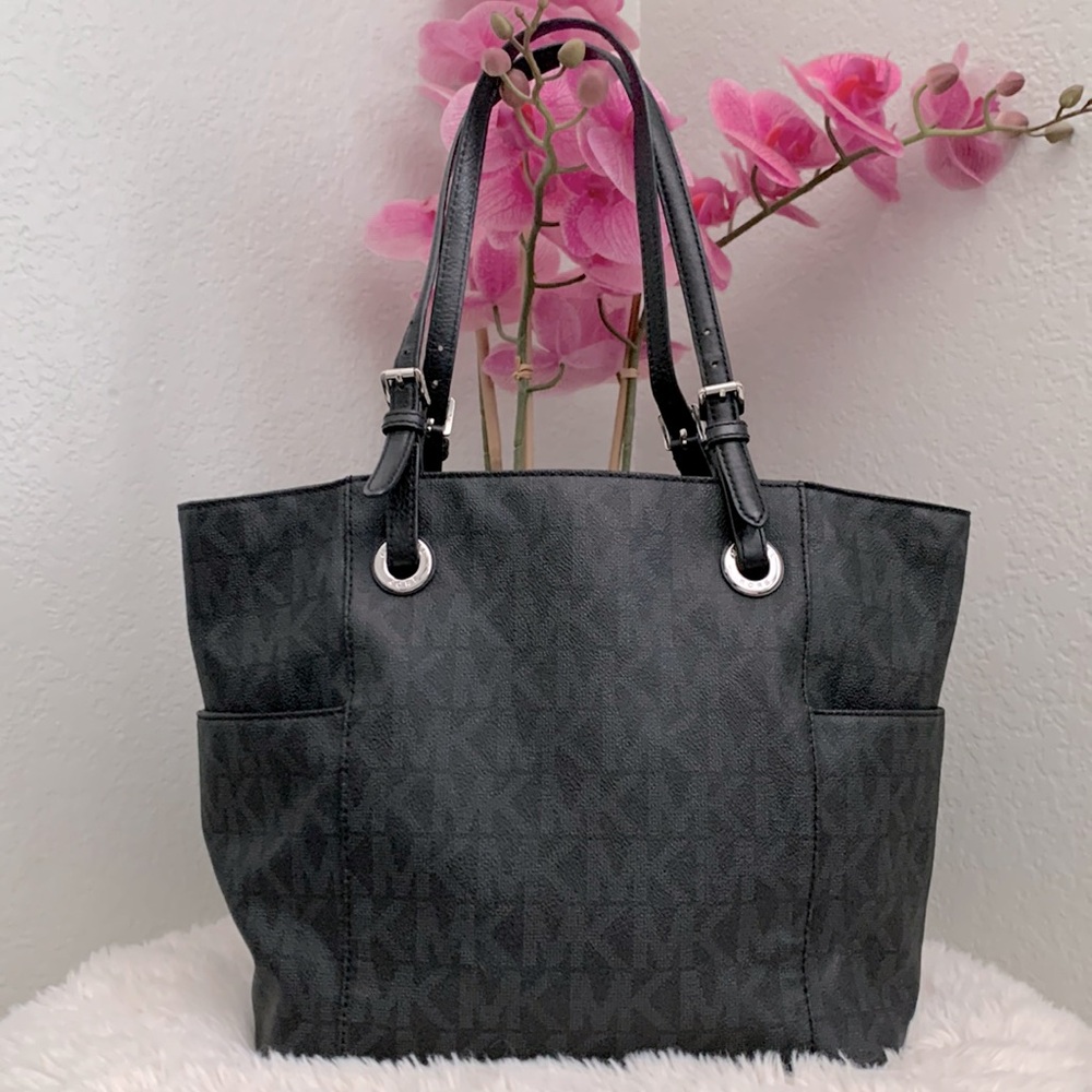 🔥MICHAEL KORS East West Jet Set Black Leather Logo Monogram Signature Tote Bag